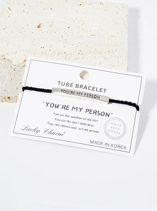 You Are My Person Engraved 18K Gold Dipped Curved Brass Tube Bar Adjustable Pull Tie Bracelet