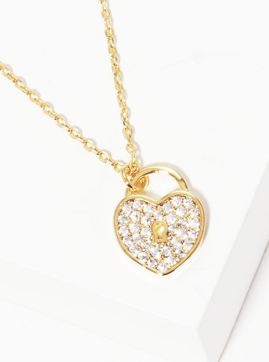 Gold Dipped Pave CZ Heart Lock Necklace GOLD