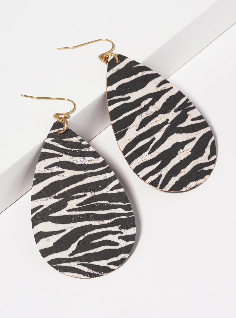 Zebra Pattern Teardrop Cork Dangle Earrings