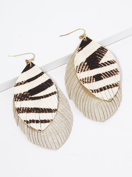 Zebra Animal Print Fringe Layered Leather Earrings