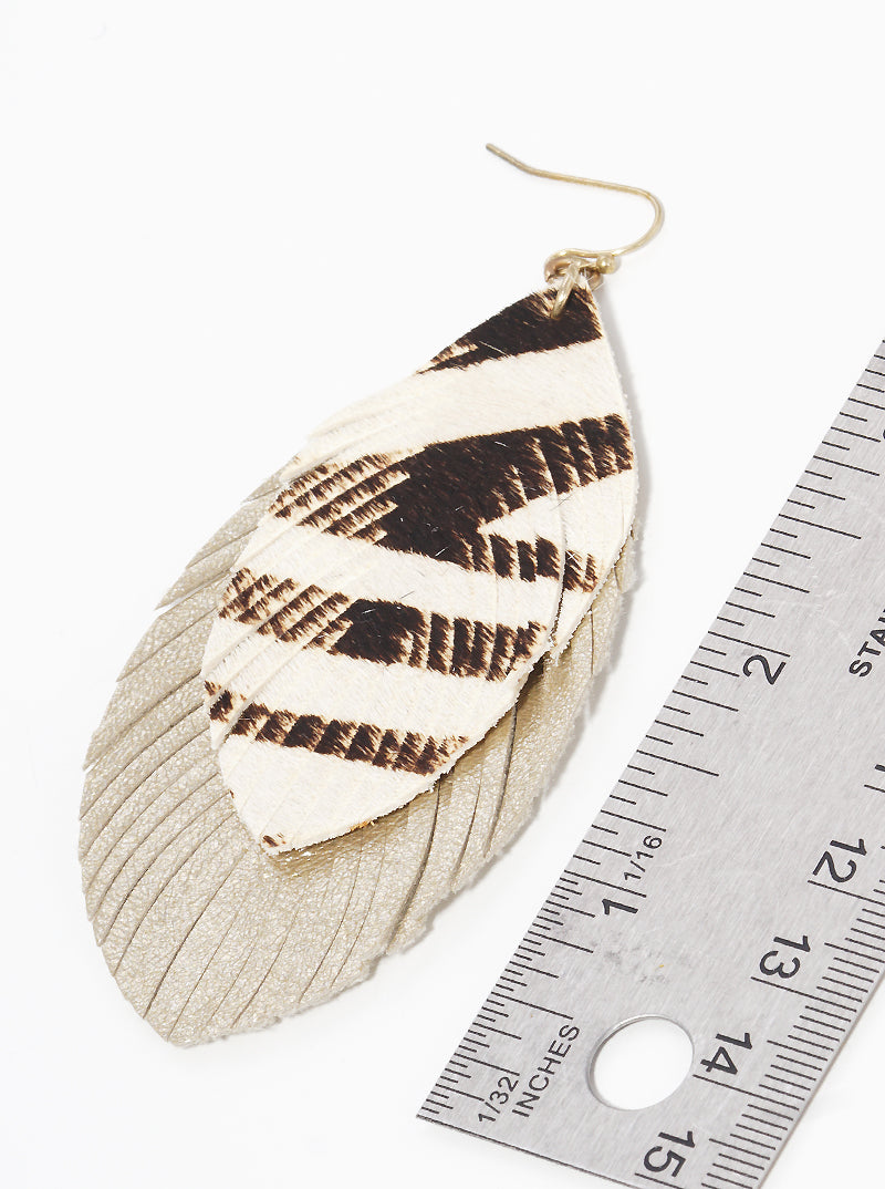 Zebra Animal Print Fringe Layered Leather Earrings