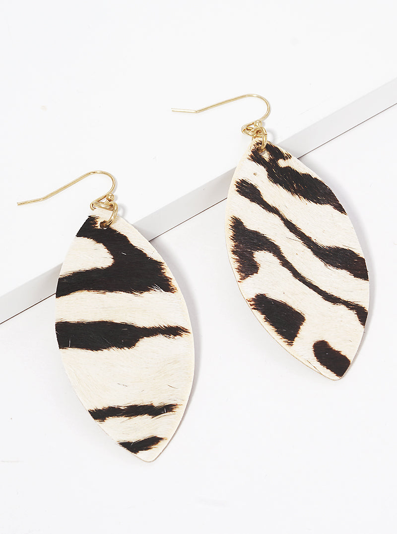 Zebra Animal Print Leatherette Marquise Drop Earrings