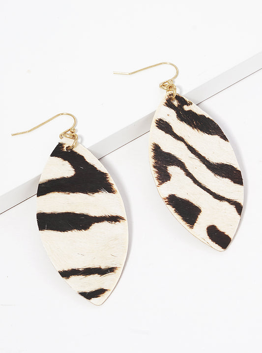Zebra Animal Print Leatherette Marquise Drop Earrings