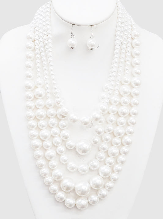 ACRYLIC PEARL LAYERED STATEMENT NECKLACE SET RHODIUM-WHITE