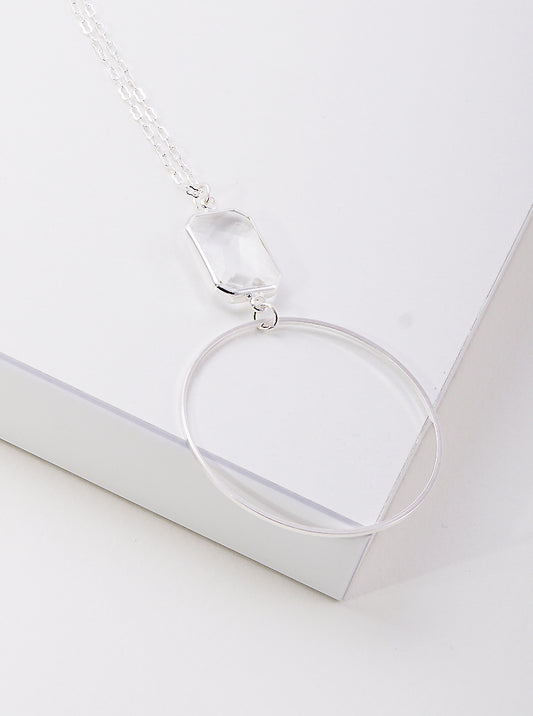 Faceted Clear Stone Linked Wire Circle Pendant Long Necklace Set With Earrings matte silver-crystal