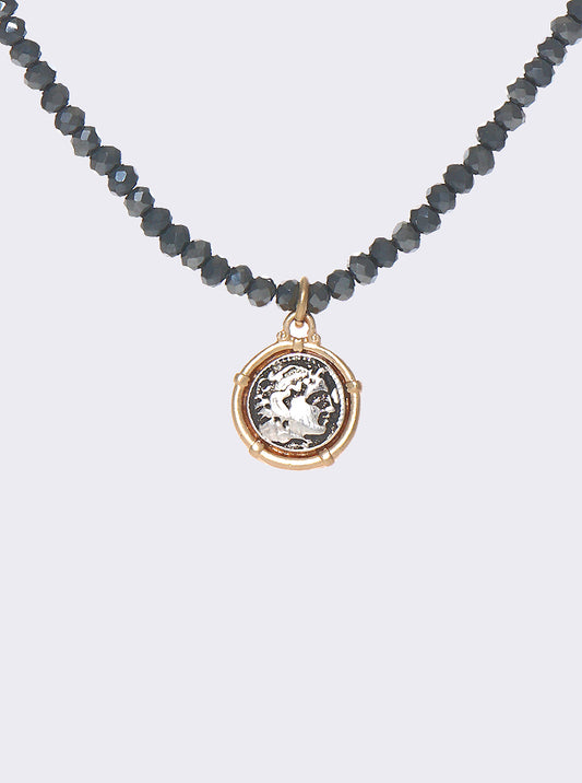 COIN CHARM GLASS BEAD CHAIN NECKLACE Hematite
