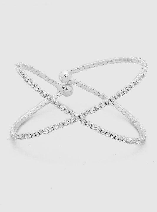 CRYSTAL PAVE METAL COIL CUFF BRACELETS RHODIUM