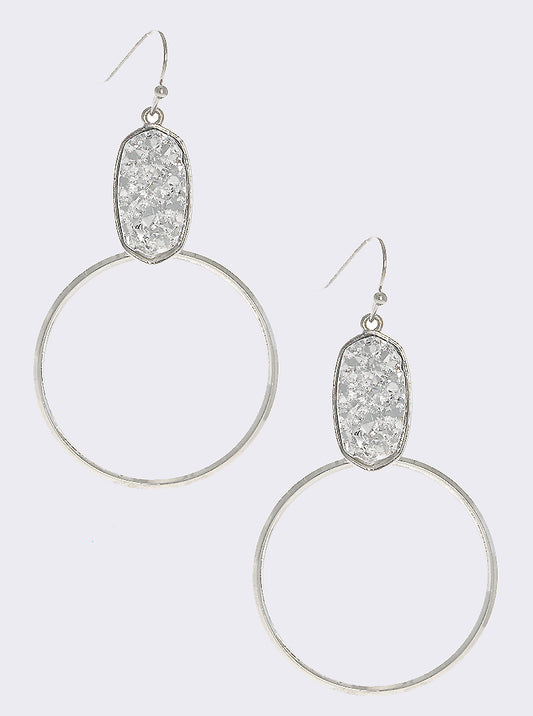 Oval Simulated Druzy With Round Drop Fish Hook Dangle Earrings Rhodium-silver