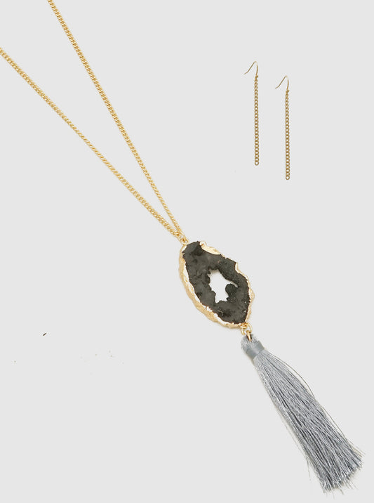 DRUZY THREAD TASSELS LONG NECKLACES SET GOLD-GRAY