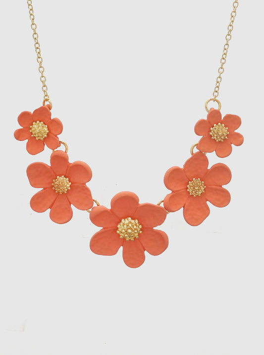 FLORAL FLOWER ENAMEL METAL BIB NECKLACE GOLD-CORAL