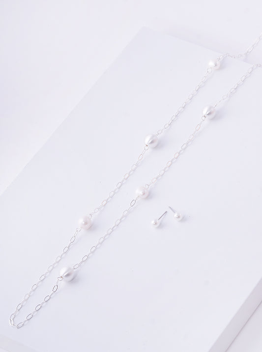Freshwater Pearls & Metallic Ball Bead 40" Long Station Necklace Set With Earrings Matte silver-cream