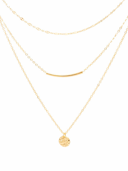 Hammered Metal Disc Pendant With Curved Tube Bar Layered Necklace Gold