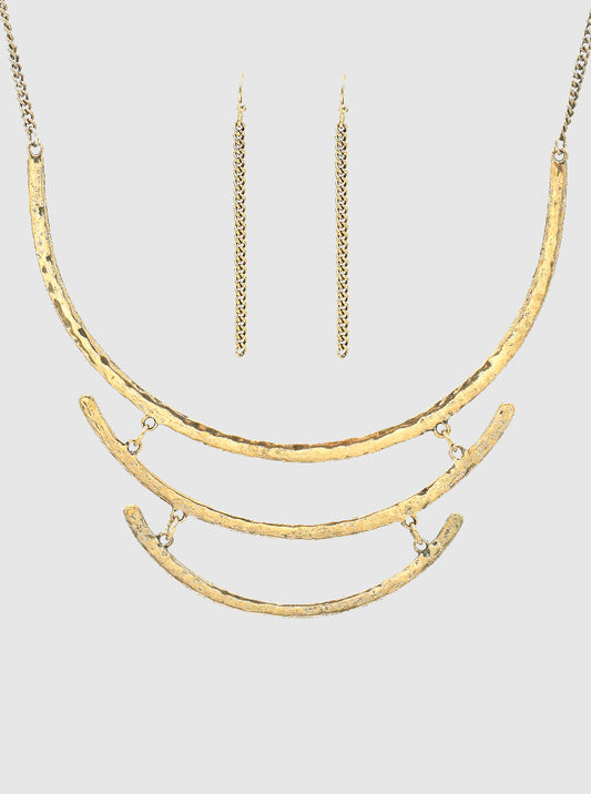 HAMMERED METAL CRESCENT BIB CHOKER NECKLACE SET WITH EARRINGS GOLD