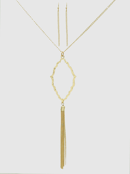 HAMMERED METAL MOROCCAN PENDANT WITH TASSEL LONG NECKLACE SET WITH EARRINGS WORN GOLD