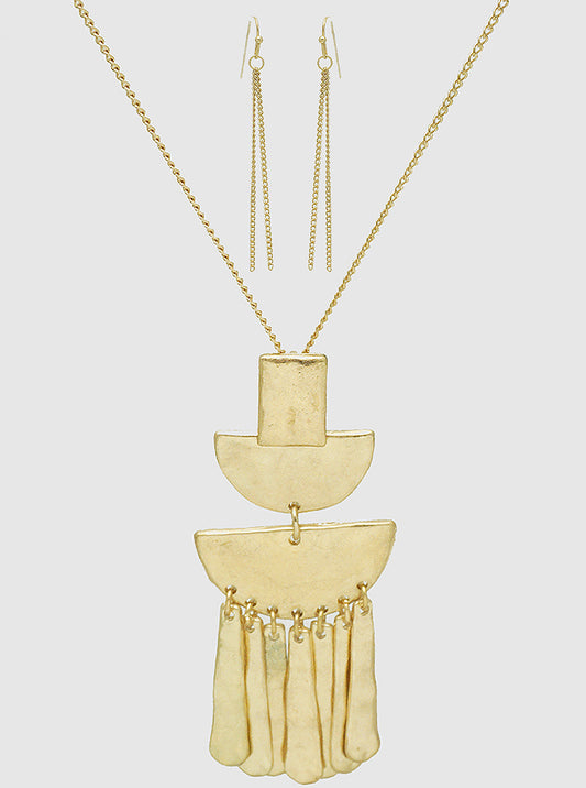 HAMMERED METAL TRIBAL TASSEL NECKLACE SET WITH EARRINGS WORN GOLD