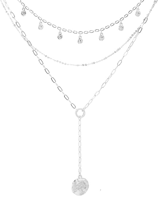 Textured Metal Disc Pendant Multi-Layered Necklace Rhodium