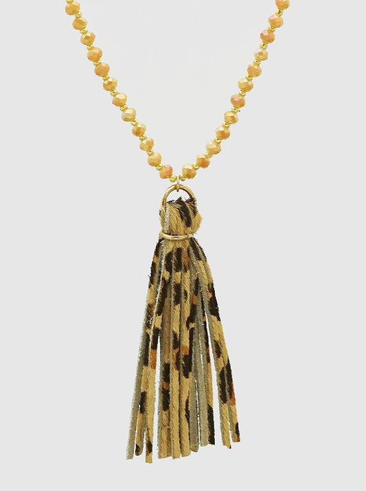 LEATHERETTE TASSEL PENDANT W FACETED BEADED LONG NECKLACE LEOPARD