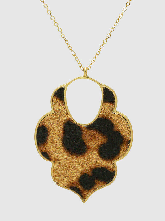SNAKESKIN ANIMAL PRINT QUATREFOIL PENDANT LONG NECKLACE LEOPARD