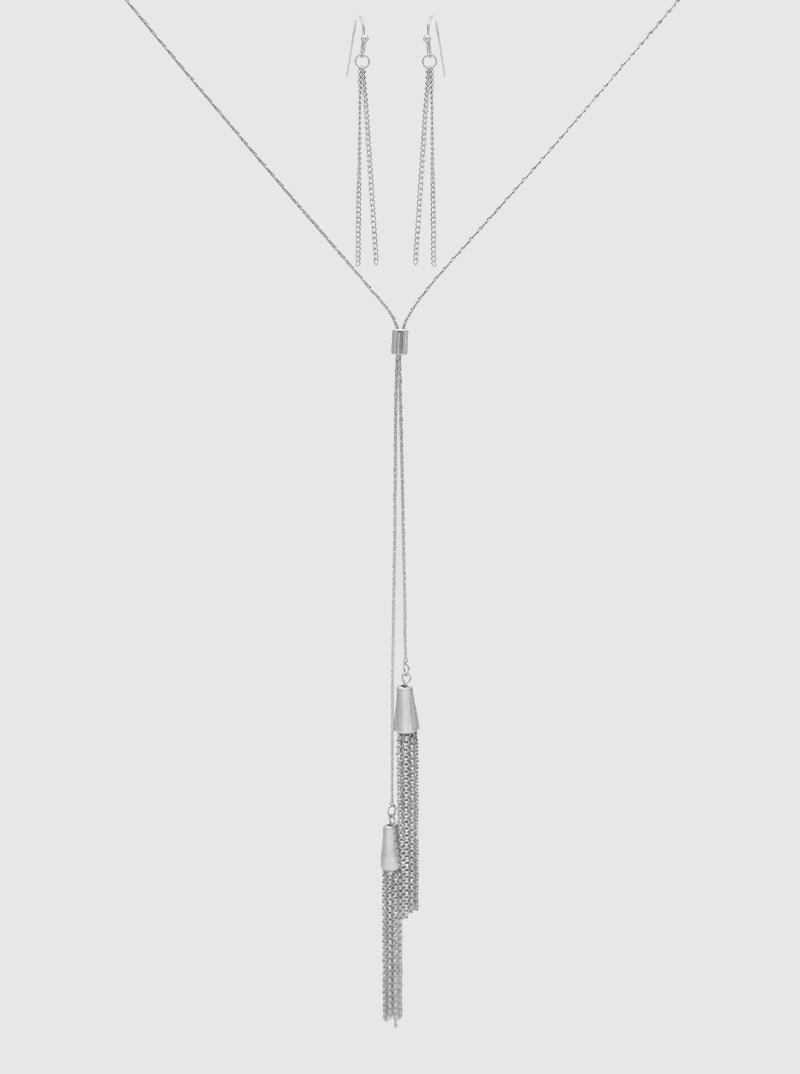 METAL CHAIN TASSEL LONG LARIAT NECKLACE WORN SILVER