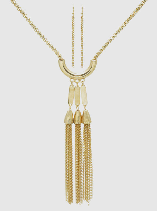 METAL CHAIN TASSEL PENDANT WITH BOX CHAIN LONG NECKLACE SET WITH EARRINGS GOLD