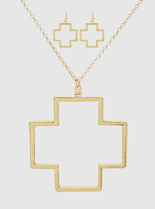 METAL CRISS CROSS PENDANT LONG NECKLACE SET WITH EARRINGS WORN GOLD