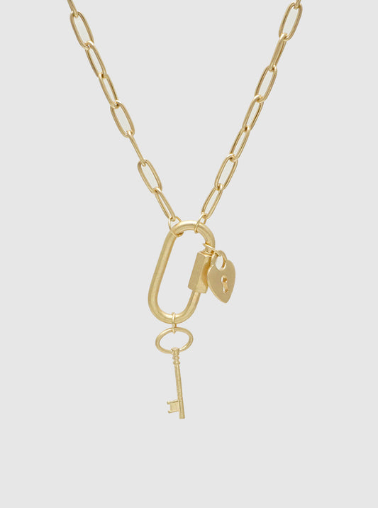 Metal Carabiner Heart Lock Key Pendant Necklace Worn-gold