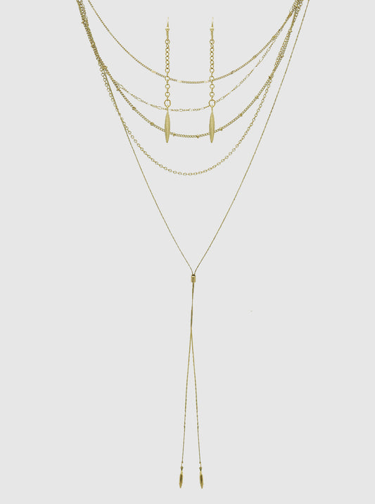 METAL LAYERED DROP CHAIN LONG LARIAT NECKLACE WORN GOLD