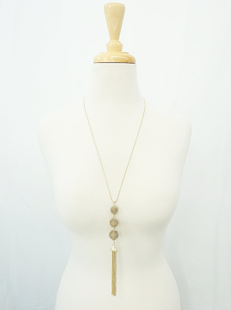 METAL TRIPLE THREE BALL DROP WITH CHAIN TASSEL PENDANT BALL BAR CHAIN LONG NECKLACE SET WITH EARRINGS GOLD