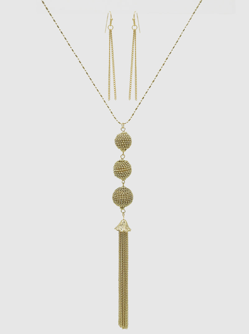 METAL TRIPLE THREE BALL DROP WITH CHAIN TASSEL PENDANT BALL BAR CHAIN LONG NECKLACE SET WITH EARRINGS GOLD