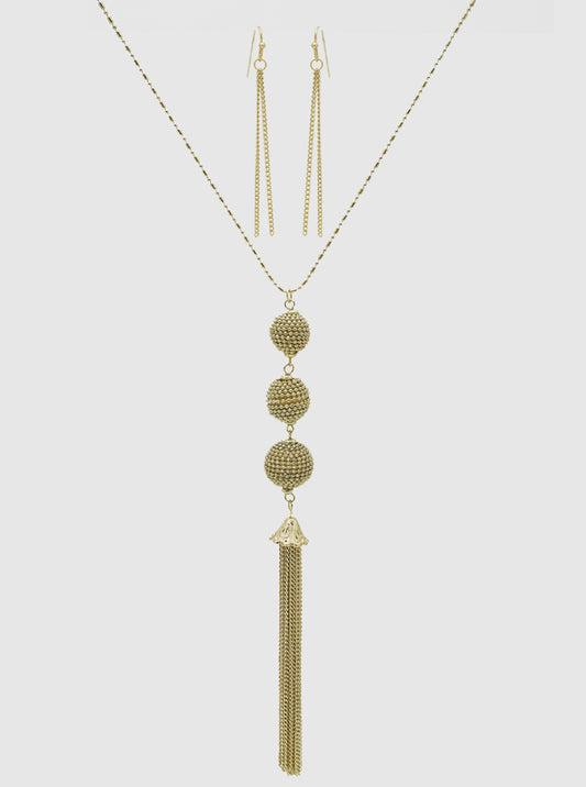 METAL TRIPLE THREE BALL DROP WITH CHAIN TASSEL PENDANT BALL BAR CHAIN LONG NECKLACE SET WITH EARRINGS GOLD