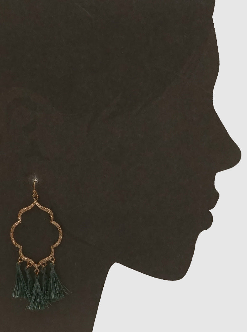 OPEN MOROCCAN THREAD TASSELS EARRINGS WORN GOLD-GREEN