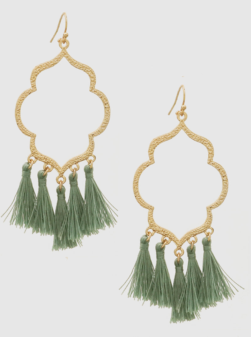 OPEN MOROCCAN THREAD TASSELS EARRINGS WORN GOLD-GREEN