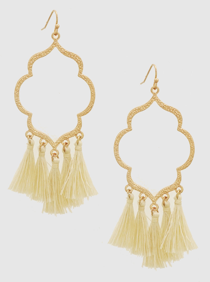 OPEN MOROCCAN THREAD TASSELS EARRINGS WORN GOLD-IVORY