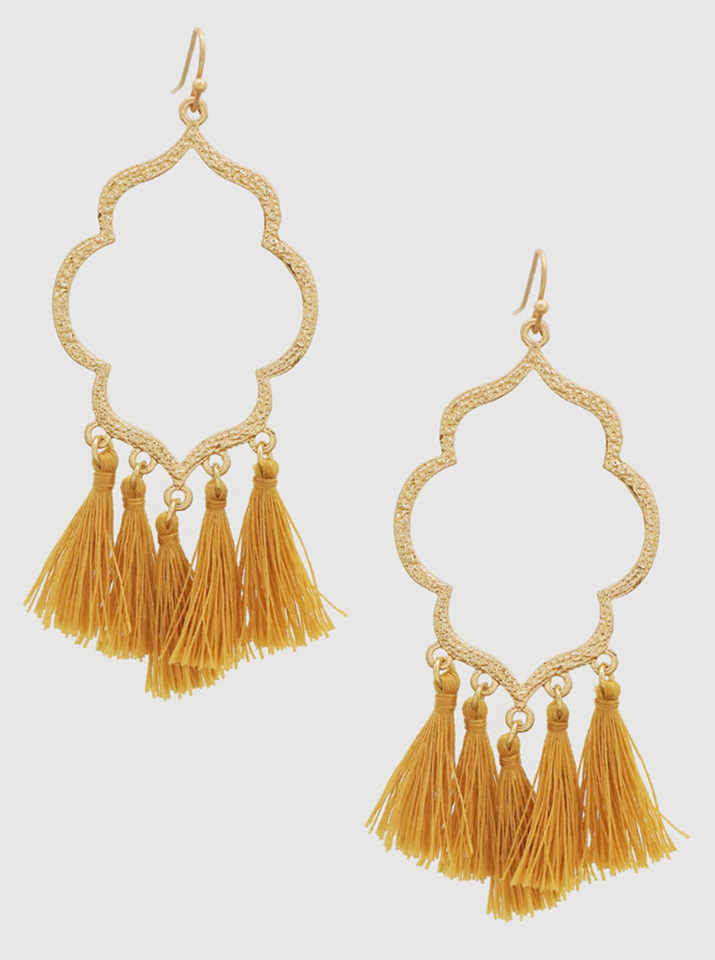 OPEN MOROCCAN THREAD TASSELS EARRINGS WORN GOLD-MUSTARD