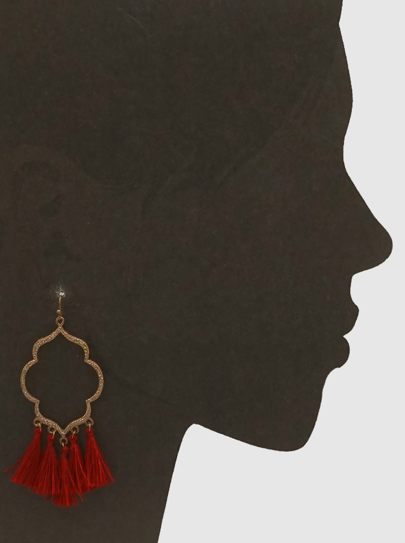 OPEN MOROCCAN THREAD TASSELS EARRINGS WORN GOLD-RED
