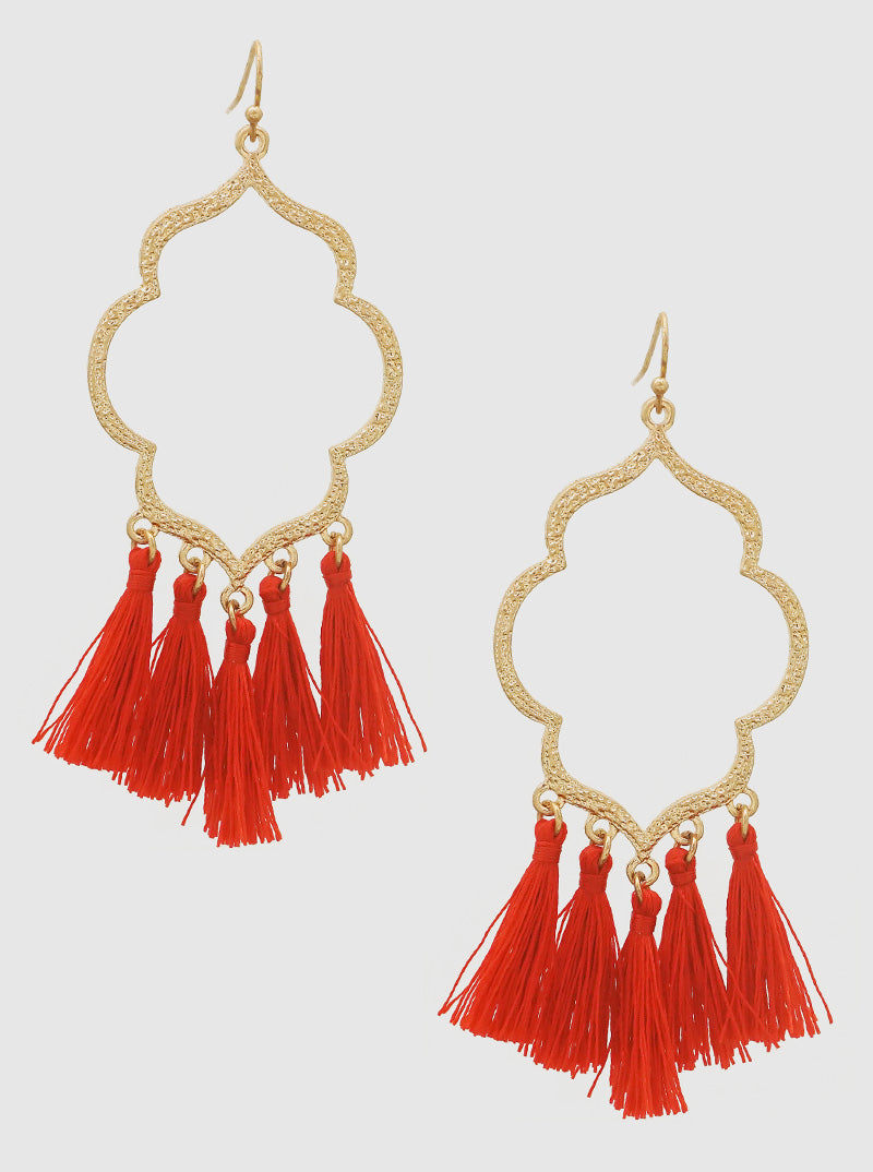 OPEN MOROCCAN THREAD TASSELS EARRINGS WORN GOLD-RED
