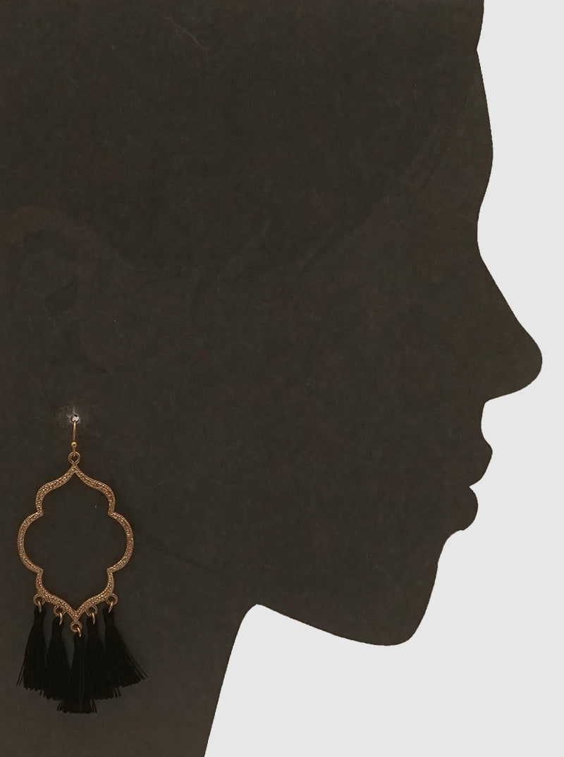 OPEN MOROCCAN THREAD TASSELS EARRINGS WORN GOLD-BLACK