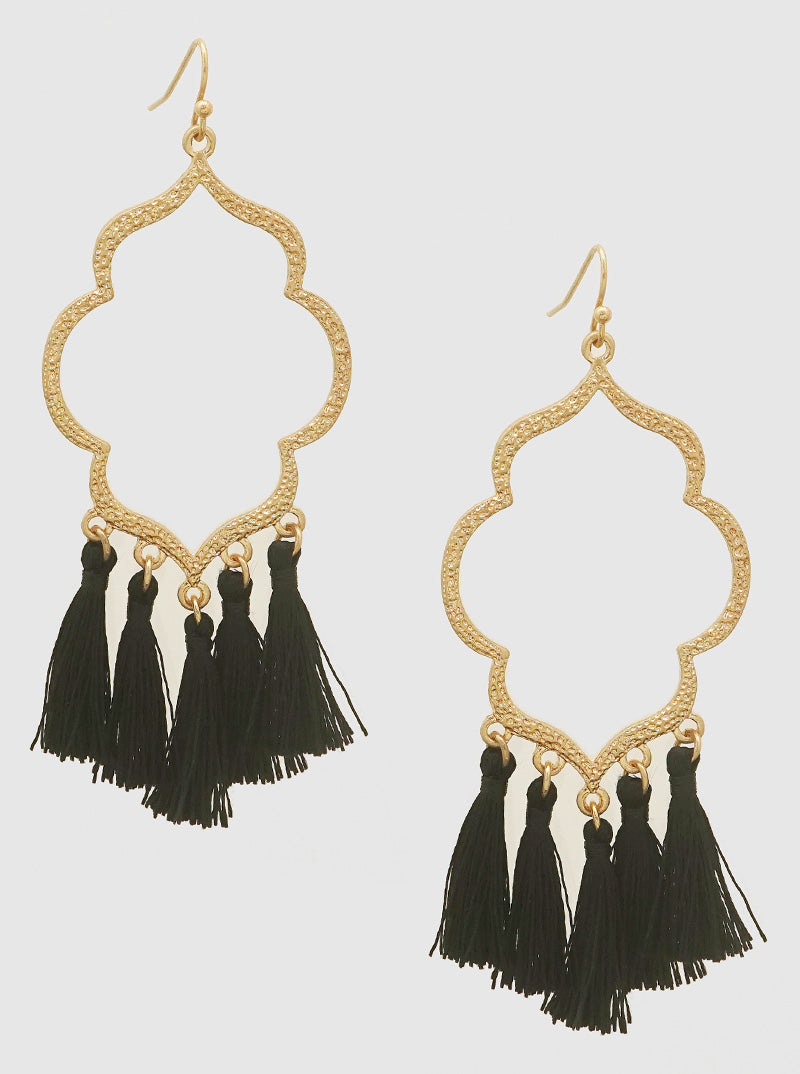 OPEN MOROCCAN THREAD TASSELS EARRINGS WORN GOLD-BLACK