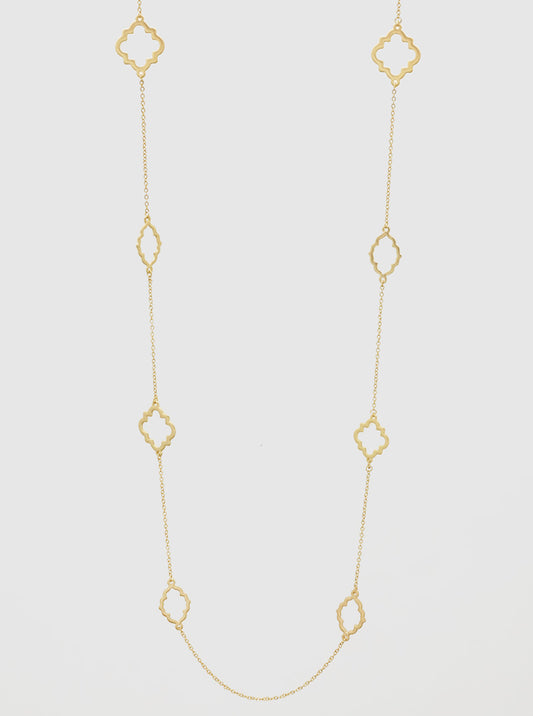 QUATREFOIL METAL STATION LONG NECKLACE MATT GOLD