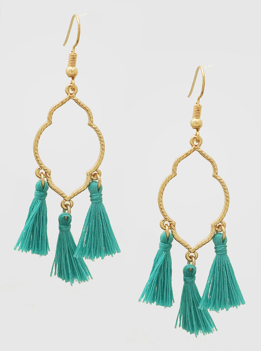 Moroccan Shape Fish Hook Dangle Drop Earrings With Thread Tassel Drop GOLD-TURQUOISE