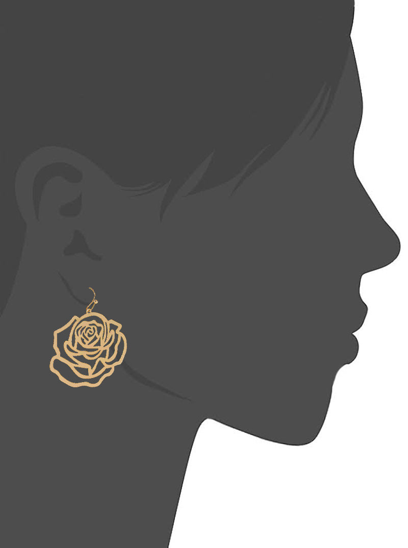 Polished Metal Cut Out Rose Fish Hook Dangle Drop Earrings Gold