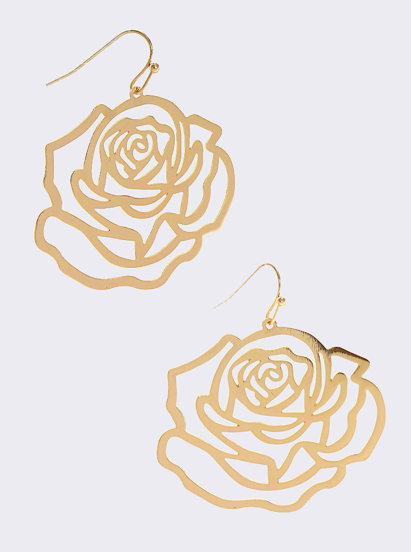 Polished Metal Cut Out Rose Fish Hook Dangle Drop Earrings Gold