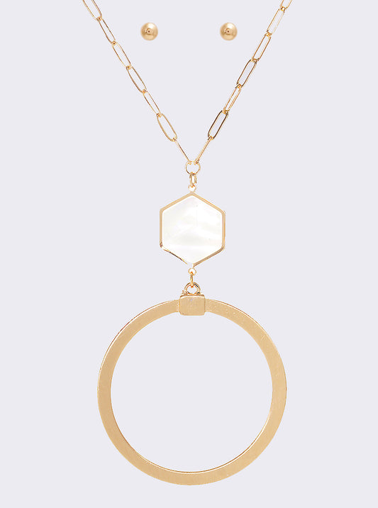 Geometric Circle On MOP Hexagon Pendant Long Necklace Set With Earrings Matte gold-white