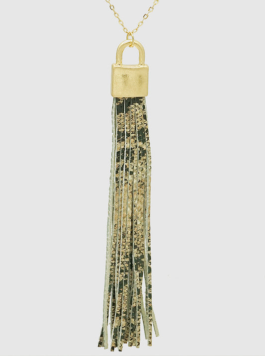 LEOPARD ANIMAL PRINT LEATHERETTE TASSEL PENDANT LONG NACKLACE BROWN-BLACK