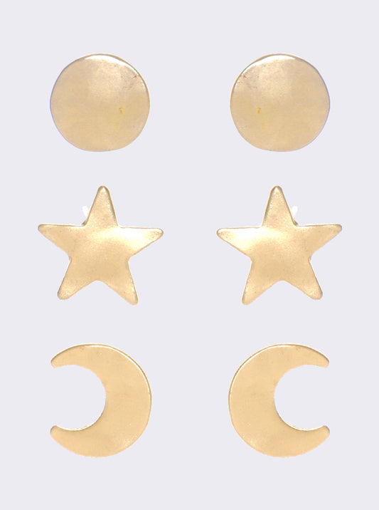 STAR MOON ROUND POST STUD EARRINGS SET Matte gold