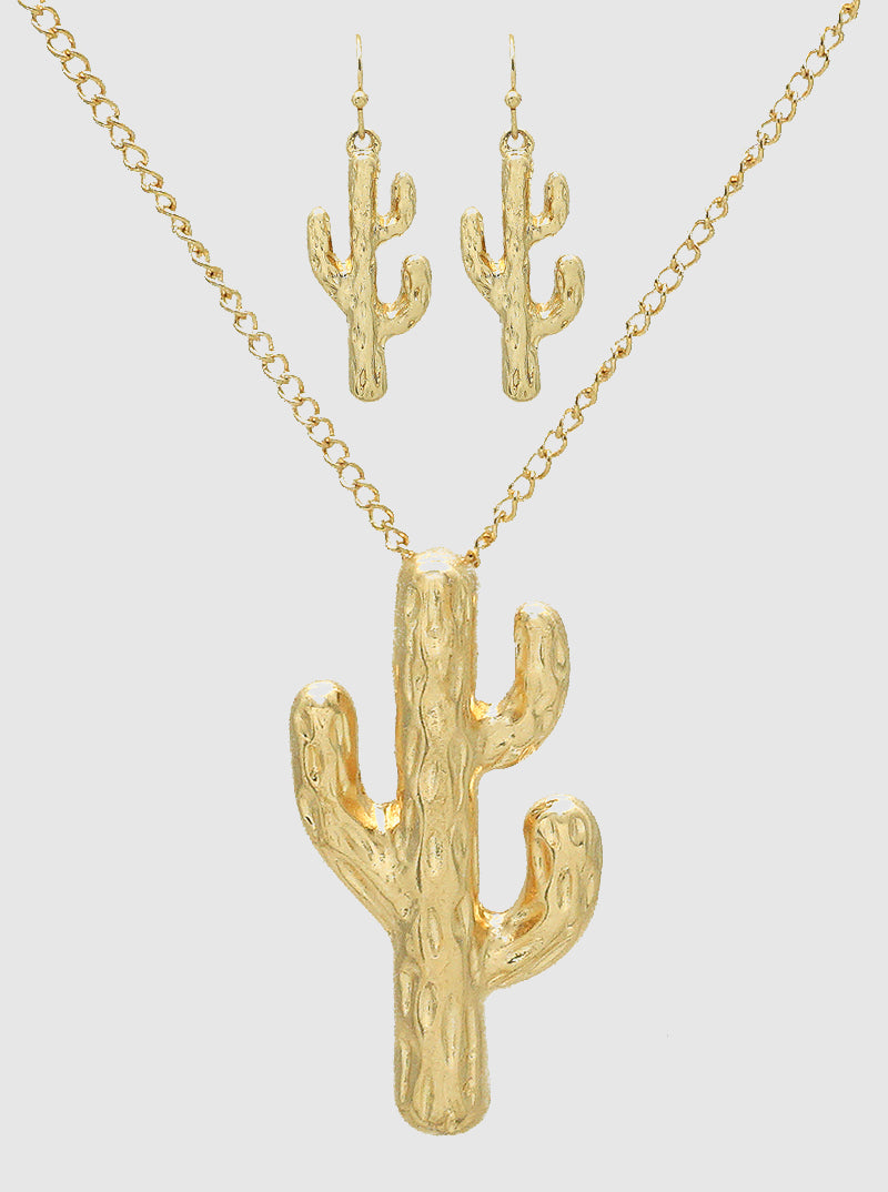 TEXTURED METAL CACTUS PENDANT LONG NECKLACE SET WITH EARRINGS GOLD