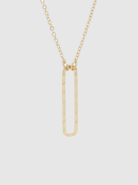 Hammered Flat Wire Rectangle Pendant Necklace Worn-gold