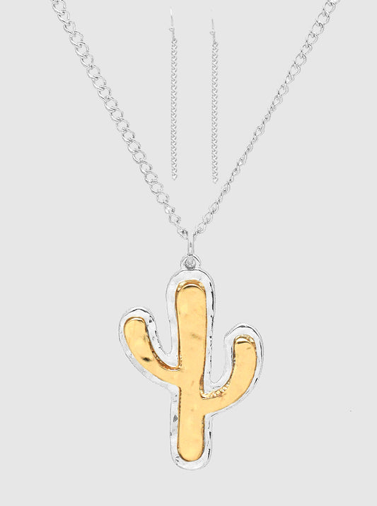 TWO TONE HAMMERED METAL CACTUS PENDANT LONG NECKLACE SET WITH  EARRINGS SILVER-MULTI