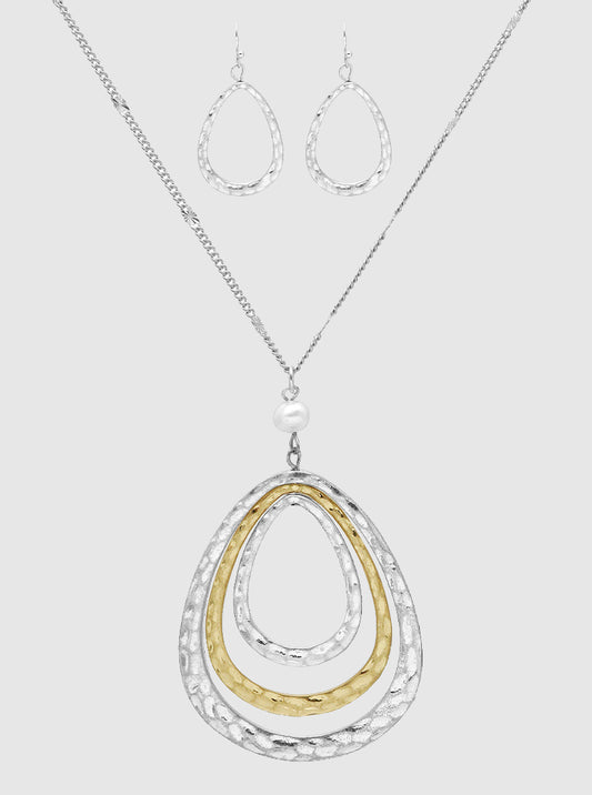 TWO TONE HAMMERED METAL TEARDROP PENDANT LONG NECKLACE SET WITH EARRINGS WORN SILVER
