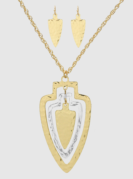 TWO TONE HAMMERED METAL TRIBAL PENDADNT LONG NECKLACE SET WITH EARRINGS GOLD-MULTI